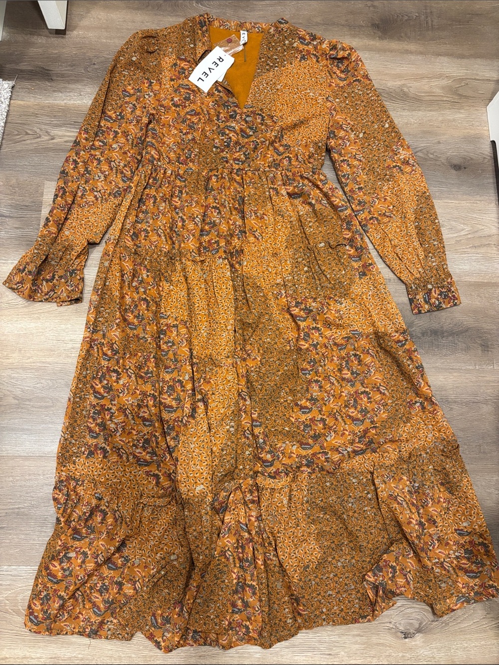 Revel Mustard Floral Tiered Maxi Dress- M